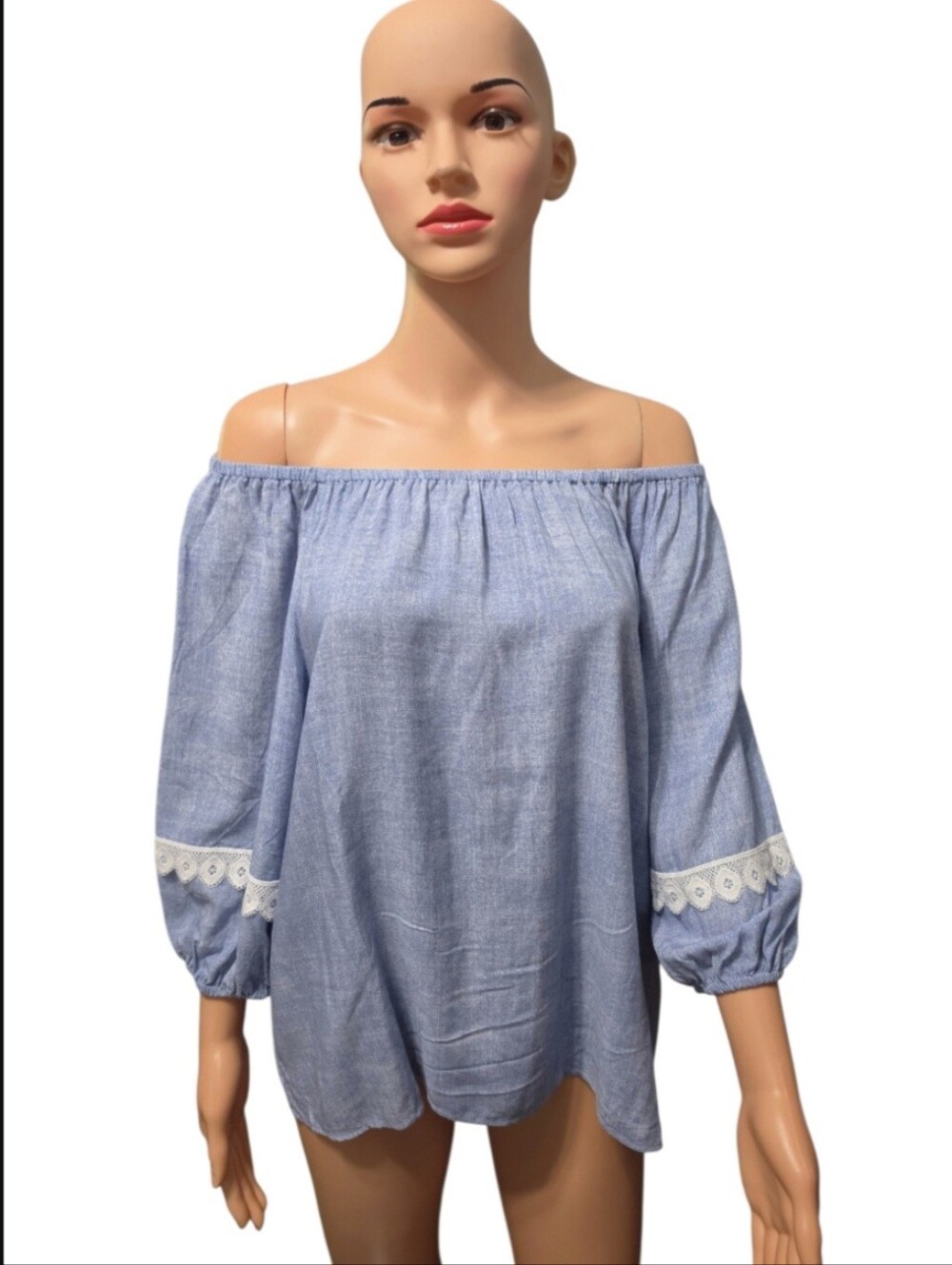 CeCe Off-The-Shoulder Bohemian Puff-Sleeve Lace Romantic Chic Blue Rayon Top M